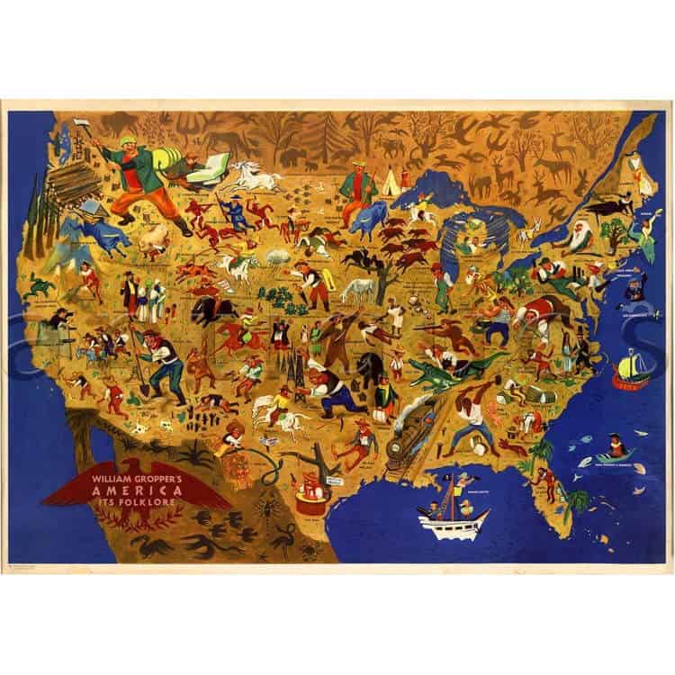 USA William Gropper America FOLKLORE Map Vintage Reprint Art Print Poster 24x36