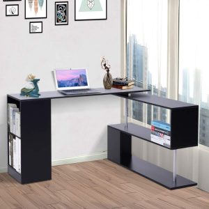 HOMCOM 360° Rotating L-Shaped Home Office Desk and Storage Shelf