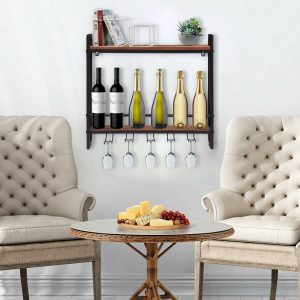 Wall-Mounted Wine Bottle Rack Storage Shelf with Wine Glass Holder