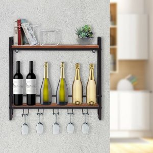 Wall-Mounted Wine Bottle Rack Storage Shelf with Wine Glass Holder