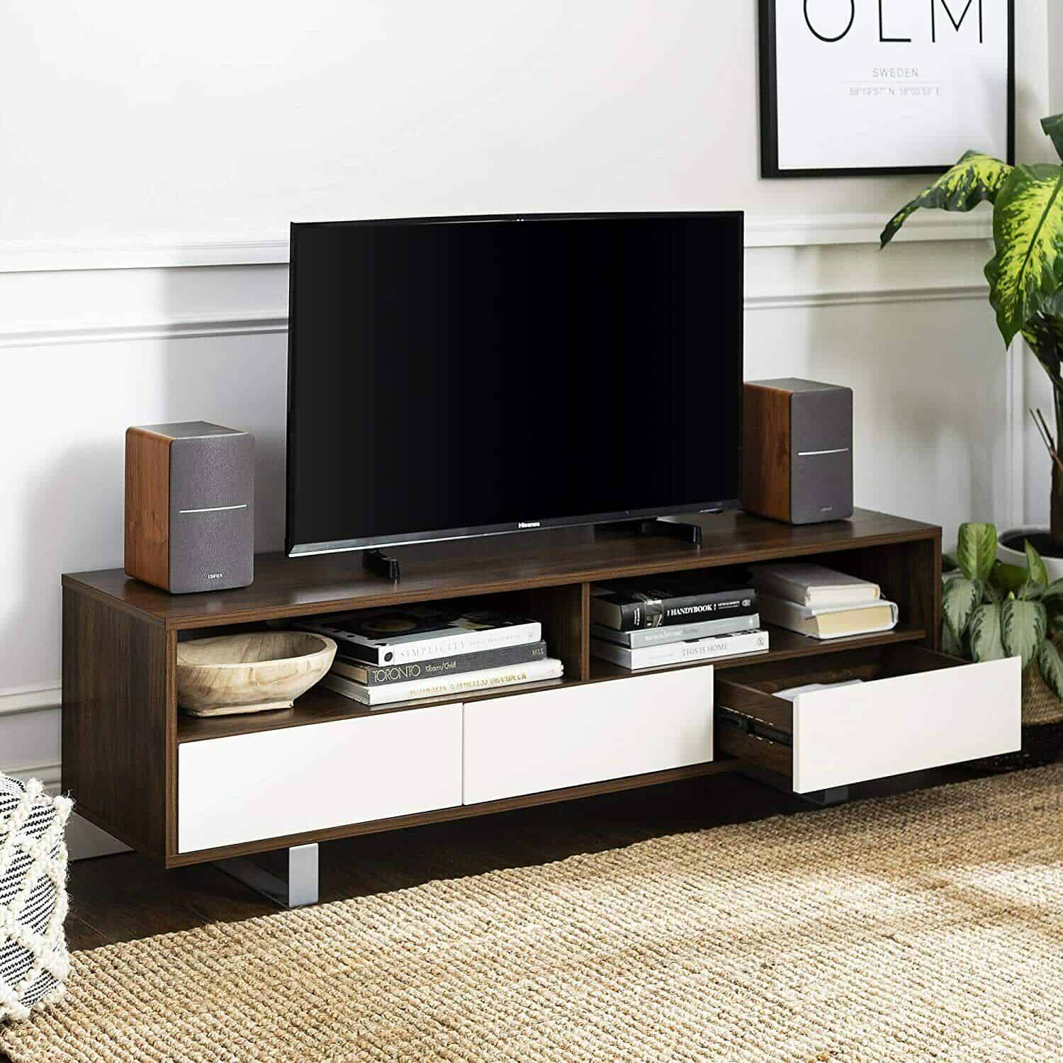 Walker Edison Mid Century Modern 3 Drawer Universal Stand for TV's up to 65"