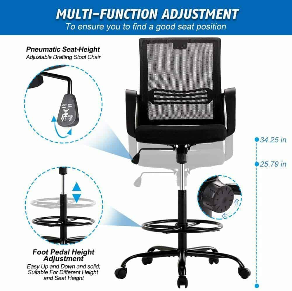 Smugchair Tall Black Adjustable Drafting Chair w/ Footrest