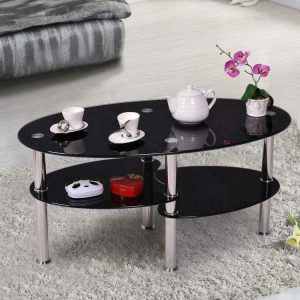 Oval Black Glass Living Room Coffee Table Chrome Bars