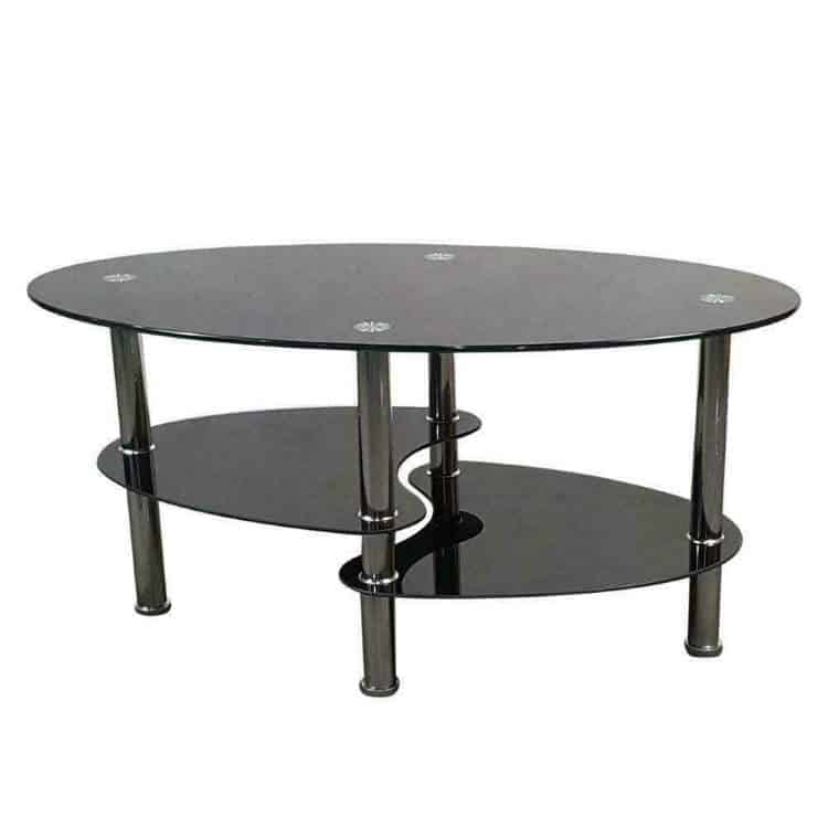 Oval Black Glass Living Room Coffee Table Chrome Bars - Image 5