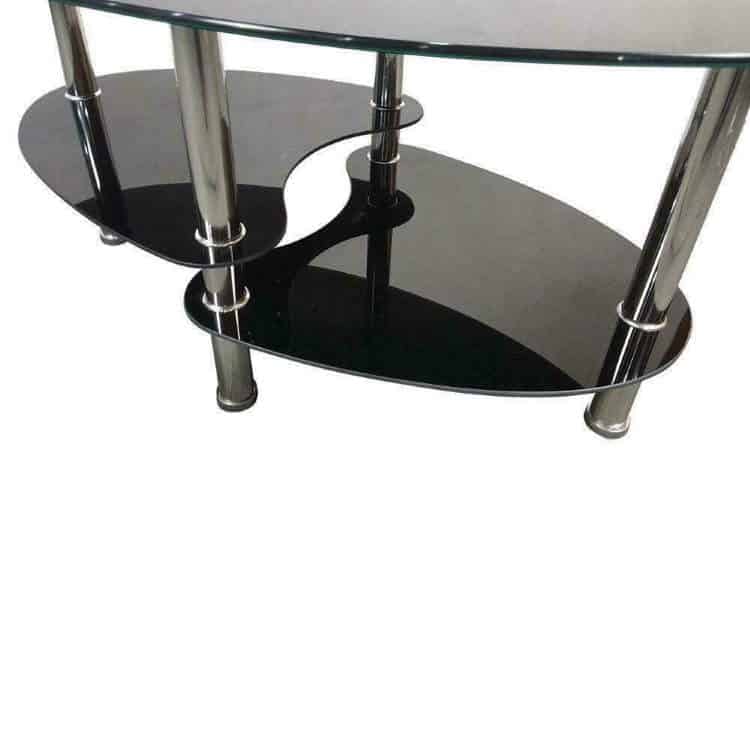 Oval Black Glass Living Room Coffee Table Chrome Bars - Image 4