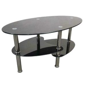Oval Black Glass Living Room Coffee Table Chrome Bars