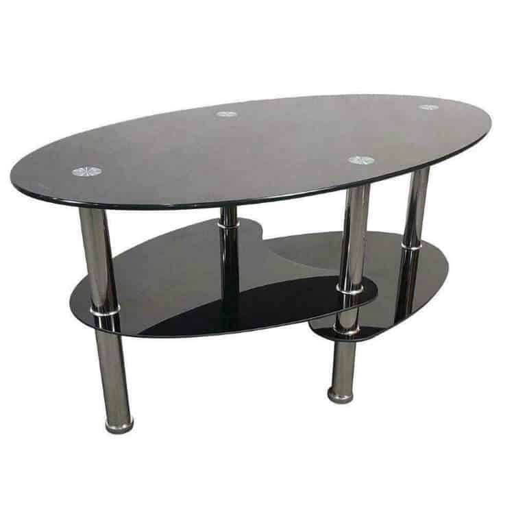 Oval Black Glass Living Room Coffee Table Chrome Bars - Image 2