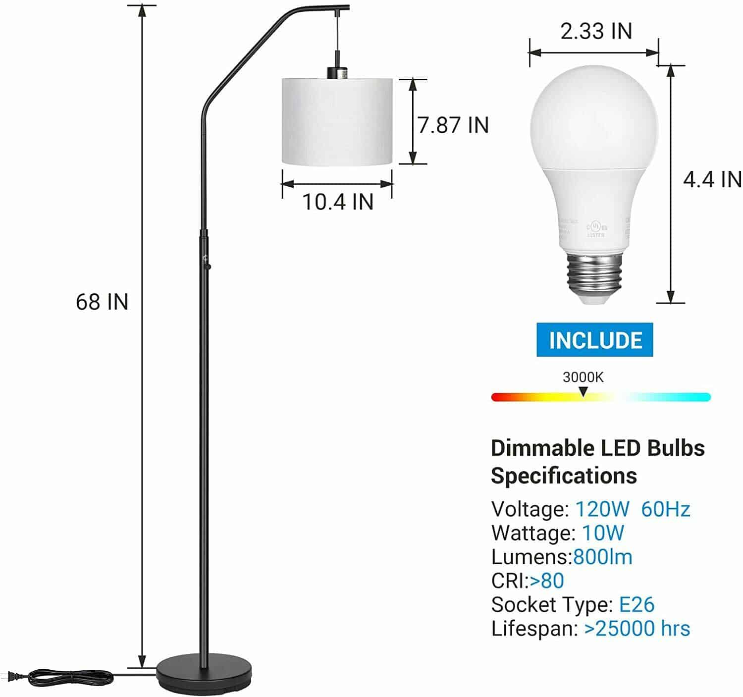 DEWENWILS Arc Modern Floor Lamp with LED Dimmable Bulbs