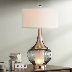 Set of 2 Brushed Nickel "Blue Glow" Table Lamps