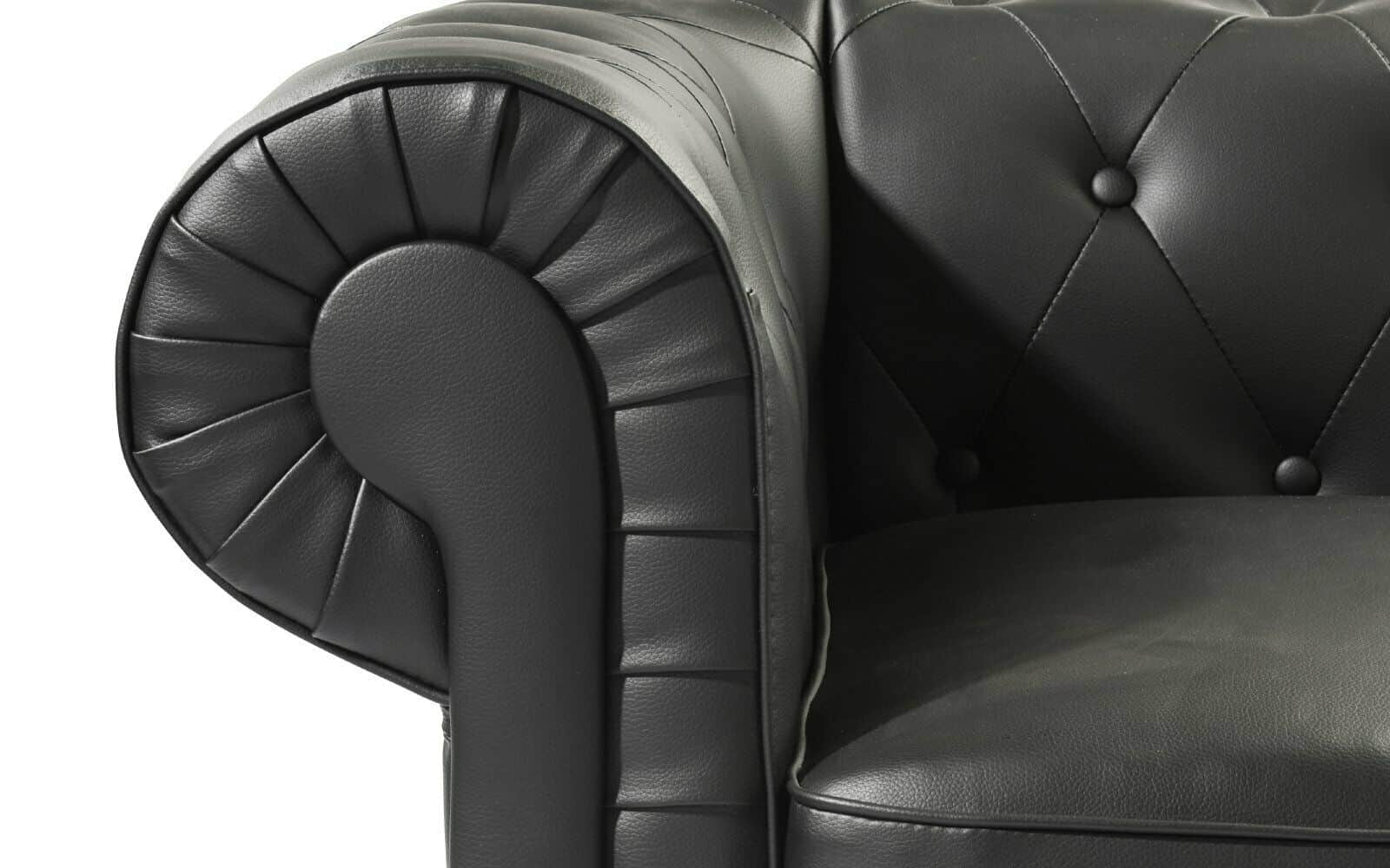 3-Seat Black Bonded Leather Scroll Arm Chesterfield Sofa 5