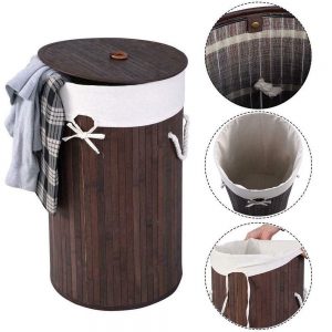 Dark Brown Round Bamboo Laundry Basket 1