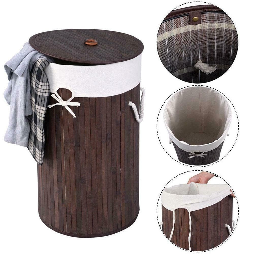 Dark Brown Round Bamboo Laundry Basket 1