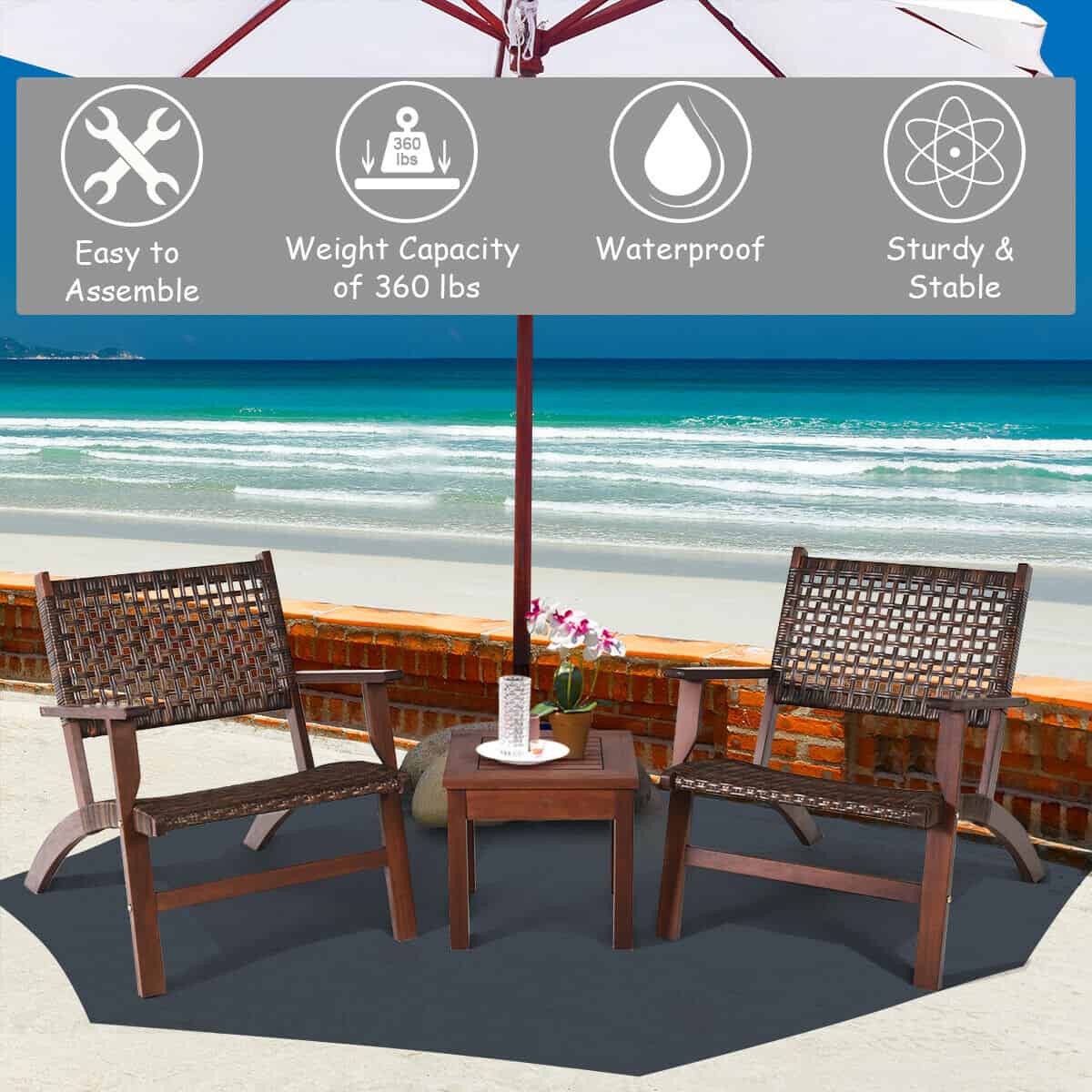 3-Piece Eucalyptus Wood Outdoor Patio Furniture Set 7