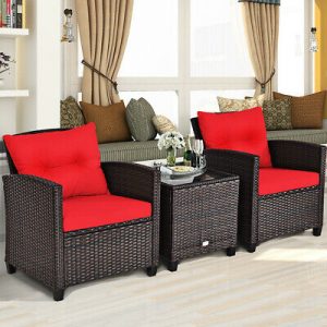 3-Piece Rattan Red Cushioned Patio Furniture Set