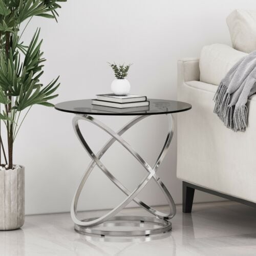Hearney Modern Glass & Iron Round Side Table