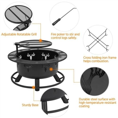 32" Outdoor Wood Fire Pit w/ 18.5in Cooking Grill 3