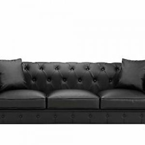 3-Seat Black Bonded Leather Scroll Arm Chesterfield Sofa