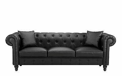 3-Seat Black Bonded Leather Scroll Arm Chesterfield Sofa