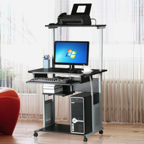 Minimalist Rolling Computer Desk w/ Top Printer Shelf