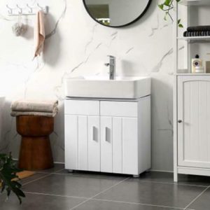 White Contemporary Under-Sink Storage Cabinet w/ 2 Vanity Doors 1
