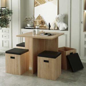 Beige 5-Piece Minimal Dining Set with 4-Storage Ottomans