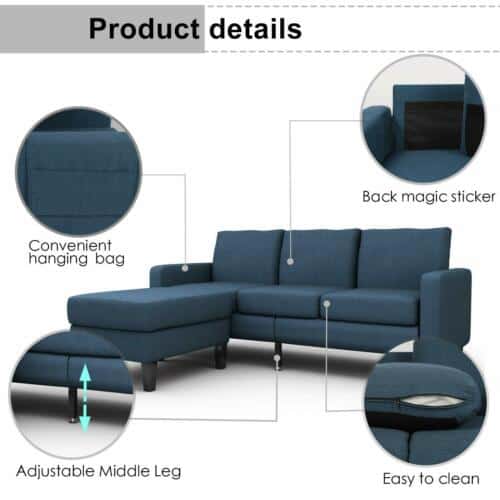 Mecor Blue Convertible Sectional L-Shaped Sofa w/ Reversible Chaise 4