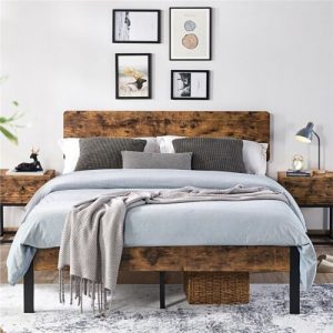 Full/Queen Size Kid Metal Platform Bed Frame with Wooden Headboard Vintage Style