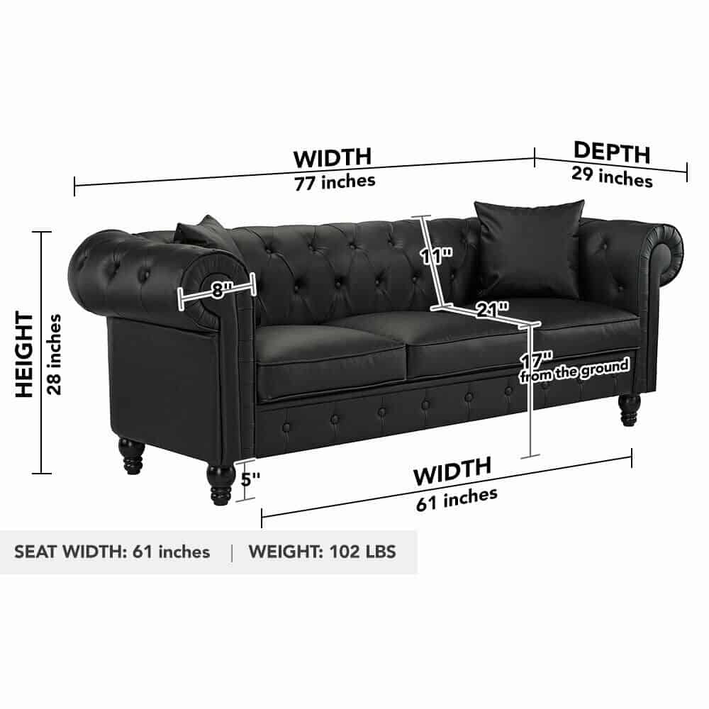 3-Seat Black Bonded Leather Scroll Arm Chesterfield Sofa 11