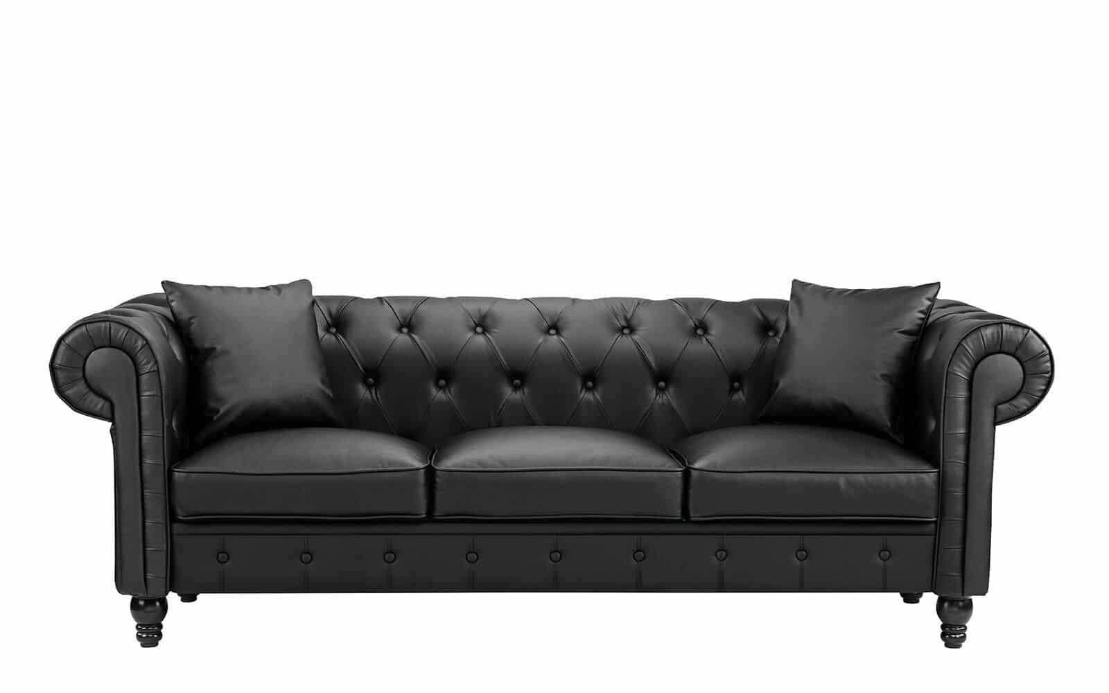 3-Seat Black Bonded Leather Scroll Arm Chesterfield Sofa 1