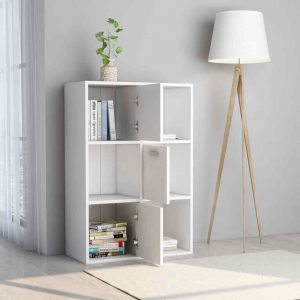 6-Cubby White Modern Storage Bookshelf w/ 3-Doors