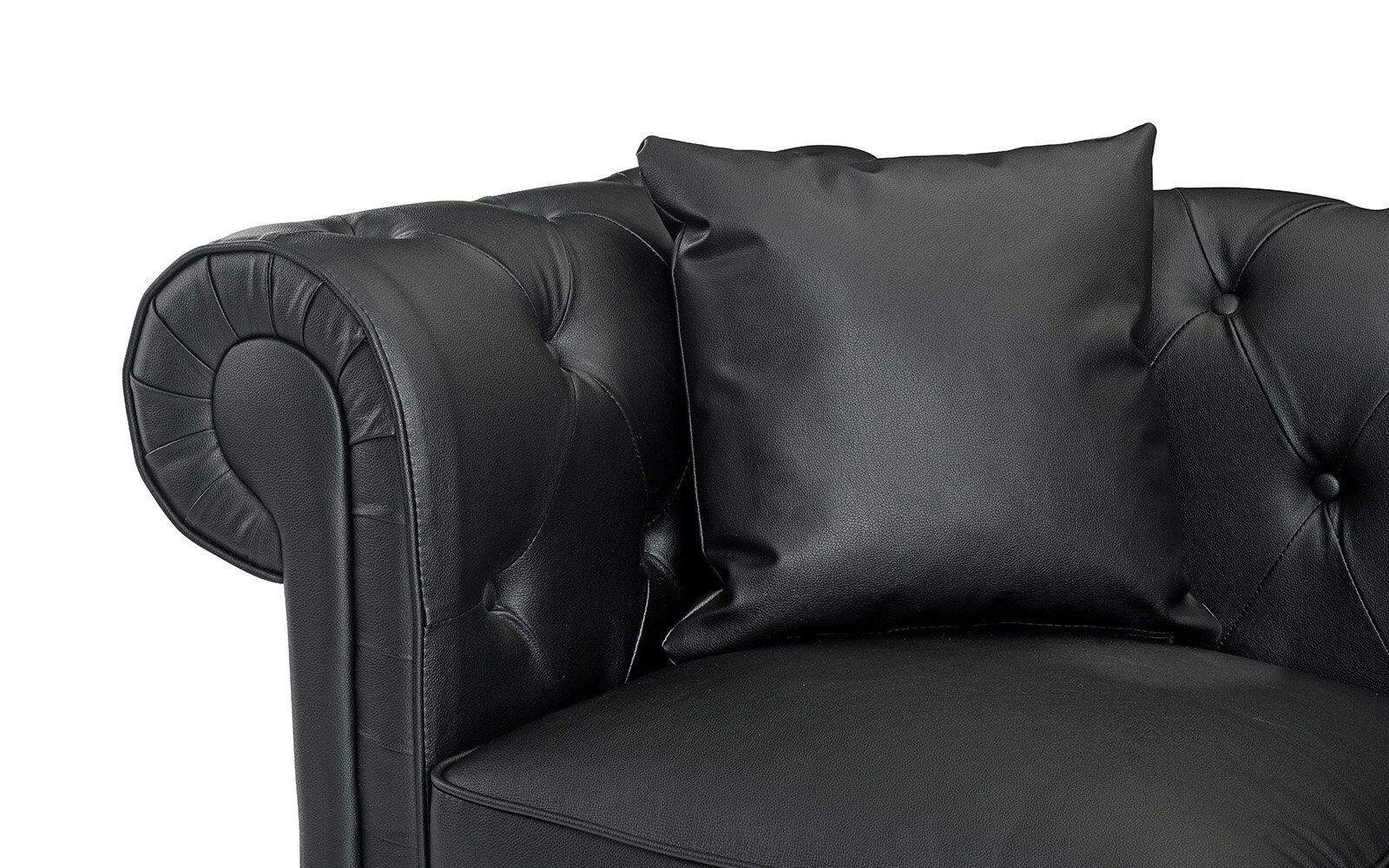 3-Seat Black Bonded Leather Scroll Arm Chesterfield Sofa 3