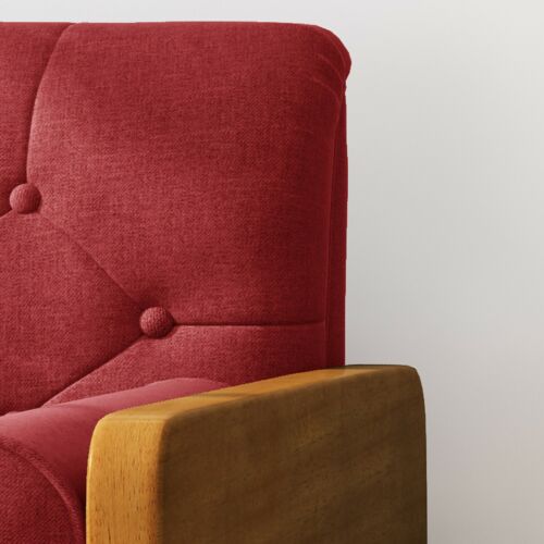Close-up of Greta midcentury tufted fabric club chair with wooden armrest.