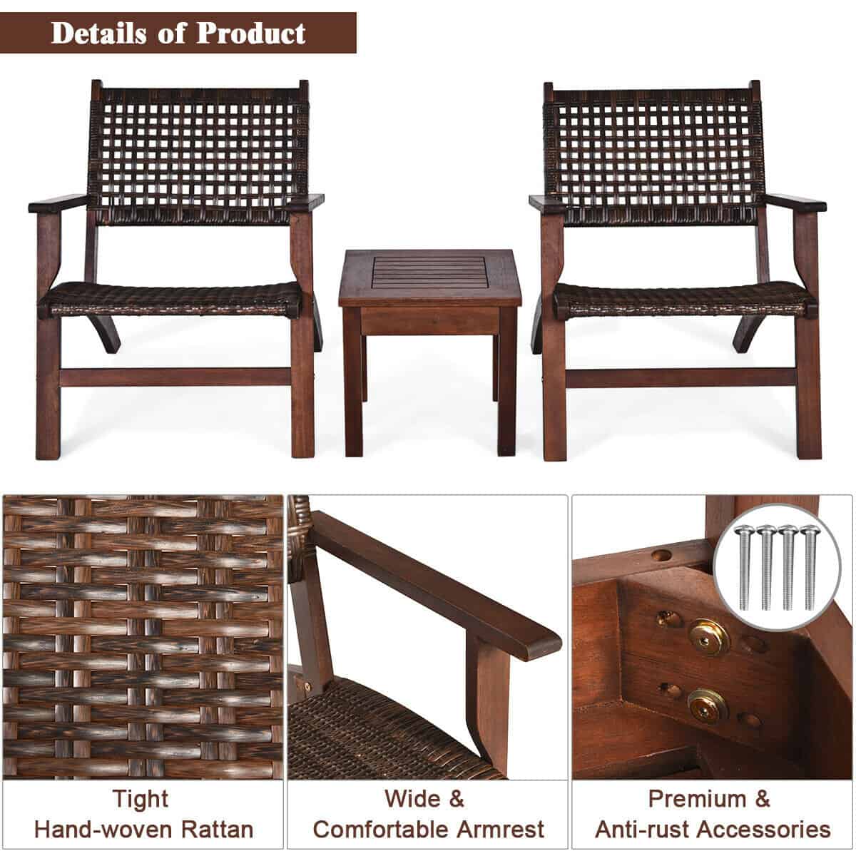 3-Piece Eucalyptus Wood Outdoor Patio Furniture Set 9