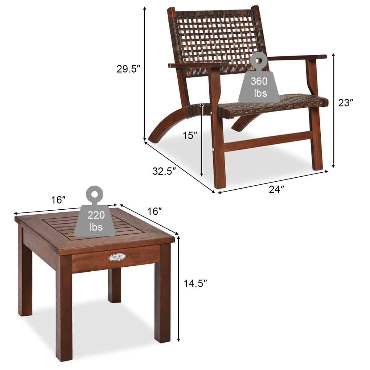 3-Piece Eucalyptus Wood Outdoor Patio Furniture Set 2