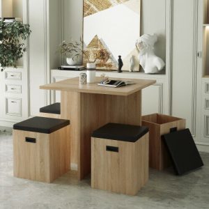 Beige 5-Piece Minimal Dining Set with 4-Storage Ottomans 1