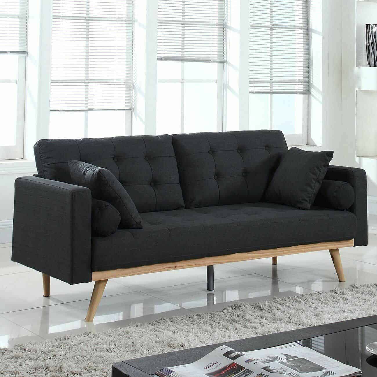 Mid-Century Dark Gray Sofa Couch with Wood Frame