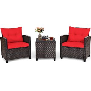 3-Piece Rattan Red Cushioned Patio Furniture Set 1