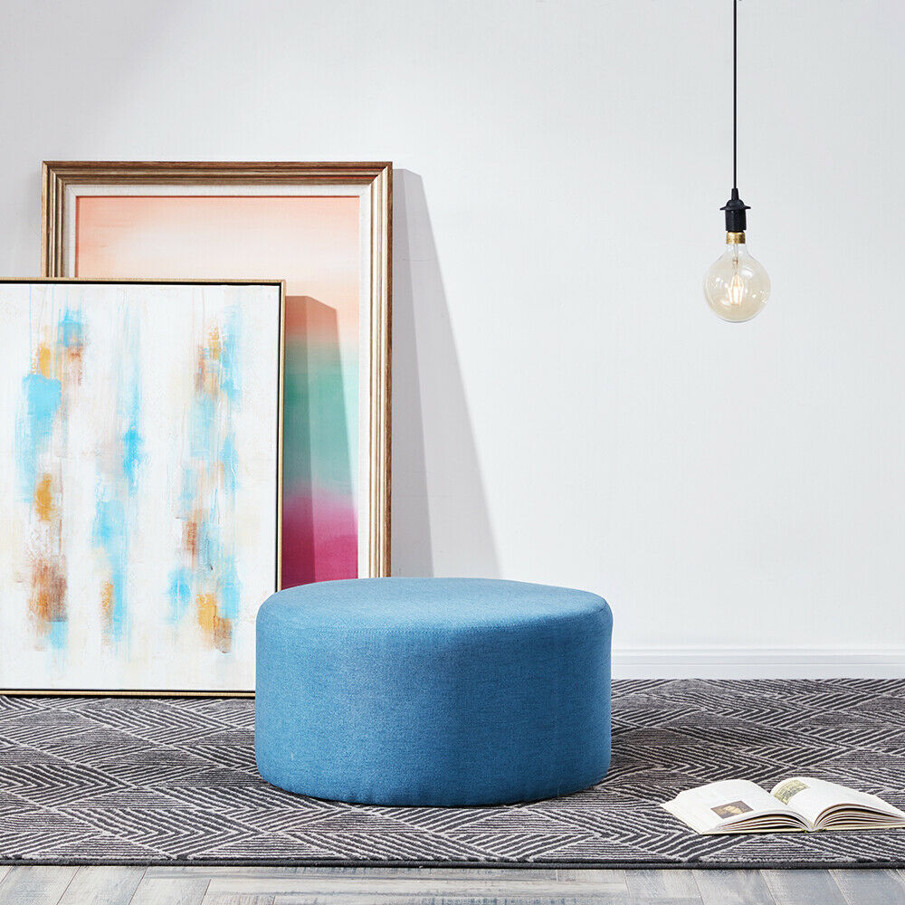 24" Round Upholstered Kiln-dried Hardwood Blue Ottoman