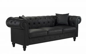 3-Seat Black Bonded Leather Scroll Arm Chesterfield Sofa 2