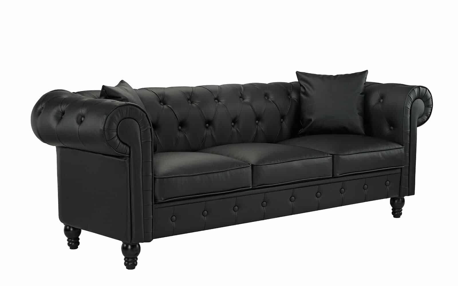 3-Seat Black Bonded Leather Scroll Arm Chesterfield Sofa 2